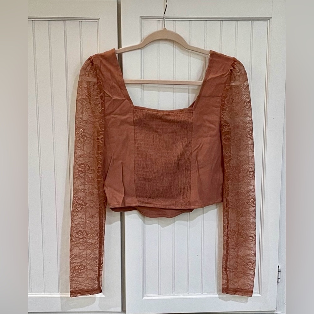 Women's Long Sleeve Lace Bustier Crop Top Brown - l Size Small NEW!